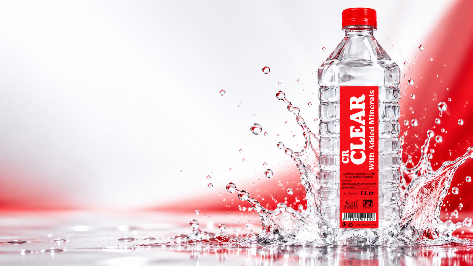 CR clear 11-stage certified packaged drinking water with crystal pure water splash demonstrating mineral purity